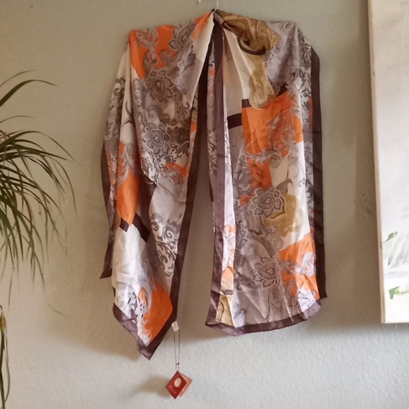 Shanghai Silk Bohemian Chocolate Cream Gold Orange Classic Quiet Luxury Scarf - Picture 1 of 6